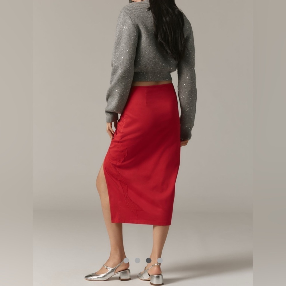Anthropologie Maeve Red Bow Embroidered Midi Pencil Skirt Size M - Picture 2 of 14